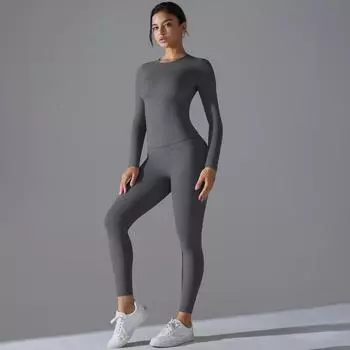 Nessaj Elastic Fitness Set Women Quick Dry Yoga Suits Push Up Беговые леггинсы с длинным рукавом Спортивная одежда S серебряный/серый