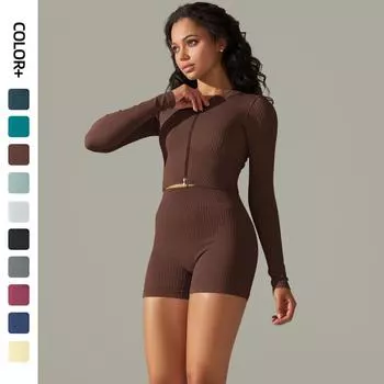 Nessaj футболка с длинным рукавом на молнии, костюм для йоги, бесшовные однотонные шорты, костюм для бега, фитнеса