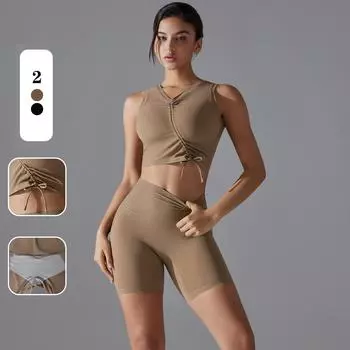 Nessaj Gym Drawstring Yoga Set Женская одежда для тренировок Шорты с высокой талией Безрукавный жилет для фитнеса Спортивный костюм S чёрный