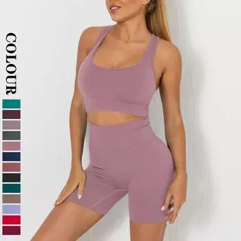 Nessaj, комплекты эластичных шорт для йоги, бесшовный женский спортивный костюм с открытой спиной, фитнес-бюстгальтер, тренировочная одежда