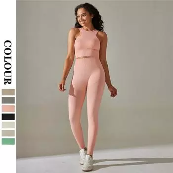 Nessaj Комплекты для йоги Женские спортивные костюмы Леггинсы с высокой талией Спортивный топ без рукавов Комплект для фитнеса Бесшовный спортивный костюм для спортзала S чёрный