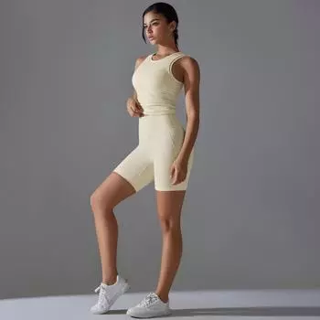 Nessaj Running Sportswear Women Yoga Set Sleeveless Fitness Tank Top High Waist Short Shorts Workout Colthes S чёрный