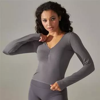 Nessaj Вязаные рубашки для йоги Топы для йоги с длинными рукавами Эластичные сексуальные спортивные рубашки для тренировок в тренажерном зале XS чёрный
