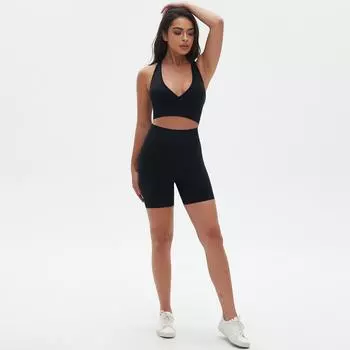 Nessaj Women Seamless Yoga Set High Waist Shorts Long Sleeve Shirts Sportswear Workout Clothes With Thumb Hole S чёрный