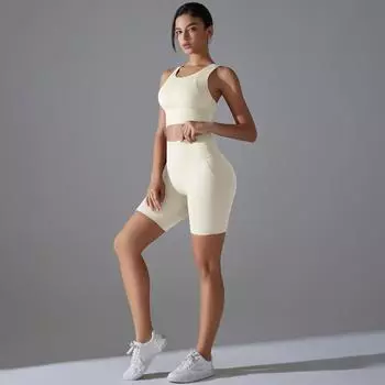 Nessaj Женская одежда для фитнеса и тренировок, однотонная спортивная одежда, жилет без рукавов, трикотажные байкерские шорты, комплект для йоги S тёмно-синий