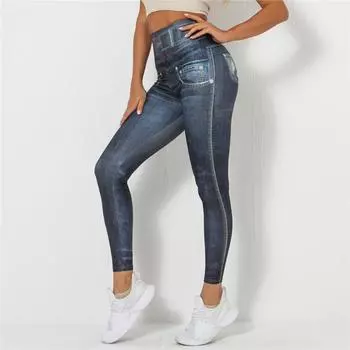 Nessaj женские брюки-карандаш с принтом, имитация джинсов, эластичные брюки для йоги, повседневные леггинсы с высокой талией