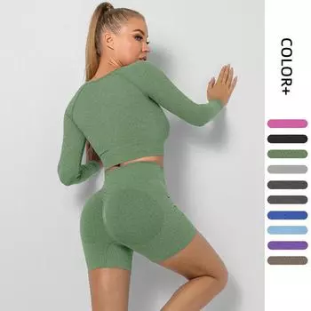 Nessaj женские спортивные костюмы бесшовный комплект для йоги тренажерный зал фитнес укороченный топ с длинными рукавами шорты с высокой талией спортивный костюм