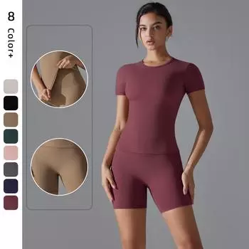 Nessaj Женский быстросохнущий комплект для йоги, эластичные рубашки с короткими рукавами, шорты для фитнеса с пуш-ап, спортивная одежда S серебряный серый