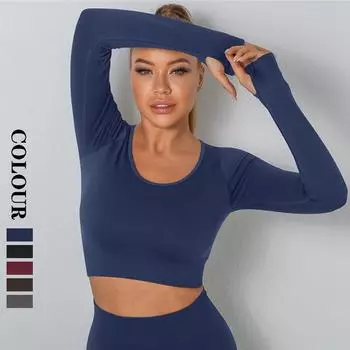 Nessaj женский спортивный топ с длинным рукавом, бесшовный укороченный топ для тренировок, тонкие рубашки для фитнеса с отверстием для большого пальца