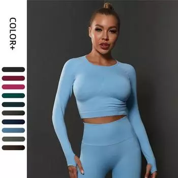 Nessaj женский топ для йоги с длинными рукавами, бесшовная футболка для бега в тренажерном зале, тонкий эластичный спортивный укороченный топ для фитнеса S чёрный