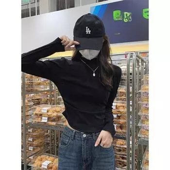 Нестандартная черная универсальная рубашка-низ для женщин на осень и зиму, новый стиль, многослойная с короткой узкой футболкой с длинным рукавом на правом плече S