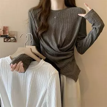 Нестандартная футболка с длинными рукавами для женщин, женская осенняя новая футболка большого размера Fat Mm Slim Base Shirt Short Top L белый