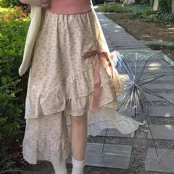 Нестандартная юбка с завязками-бабочками, цветочная юбка с завязками на завязках, юбка-трапеция в стиле девчонки небольшого роста с высокой талией S