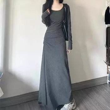 Нестандартное длинное платье Y2k для женщин с высокой талией, рукавами, однотонное, базовое, элегантное, корейское, модное, уличная одежда, минималистичное, сексуальное, винтажное S серый