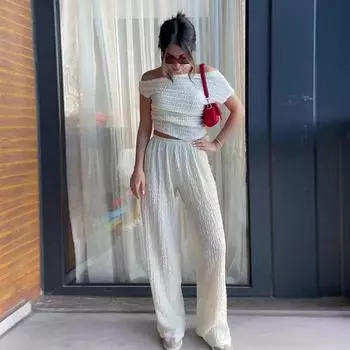 Нестандартные длинные брюки, женские, однотонные, элегантные, с косым воротником, с коротким рукавом, с высокой талией, свободные брюки, летний женский костюм для поездок на работу и обратно S белый