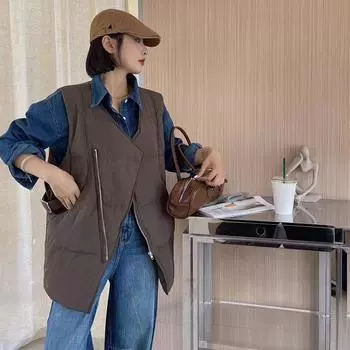 Нестандартный пуховый жилет женский 2024 осень-зима свободный локомотив легкий повседневный кожаный жилет с пряжкой прилив One Size