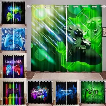 Нестандартный размер дешевые 3D зеленый флуоресцентный геймпад контроллер цифровые печатные шторы для оконных жалюзи мальчиков детская спальня cortinas 2x50W130H(CM)&Grommet Top