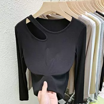Нестандартный свободный женский топ больших размеров, сексуальная футболка с длинным рукавом для осеннего нижнего белья L чёрный