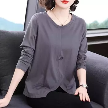 Нестандартный топ для матери среднего возраста, футболка большого размера с длинными рукавами, женская одежда M серый