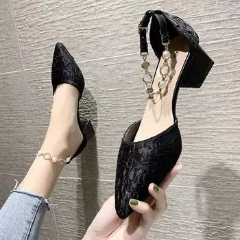 Net Red Baotou Sandals Women s Spring New Pointed Toe Shoes with Thick Heels and Small Fragrances In The Middle and High Heels 35 бежевый