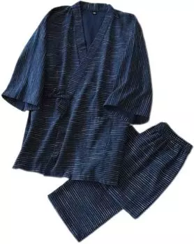 Netakara Джинбей Юката Двойной Открытый Осенний Мужской Пижама, 100% Хлопок, Марля, Рукава 3/4, Спереди, Дышащий, Влагоотводящий, Самуэ, Домашняя одежда,