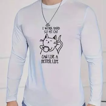 Неторопливый принт кота Мужские футболки с длинным рукавом Футболки с круглым вырезом Повседневный свитер Мужская одежда Большие размеры XS чёрный
