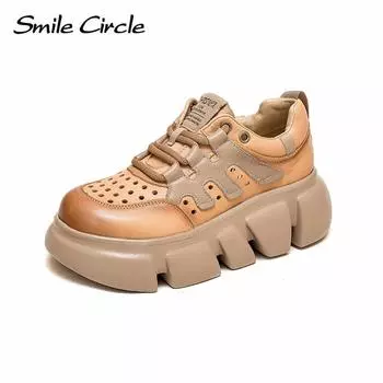 Неуклюжие женские кроссовки из натуральной кожи, полые туфли на плоской подошве со шнуровкой, дышащая повседневная обувь с толстой подошвой