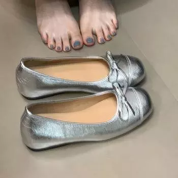 Неустающие ноги туфли Мэри Джейн бант ретро балетки 2025 новые с внутренней платформой одинарные туфли женские 35 серебряный