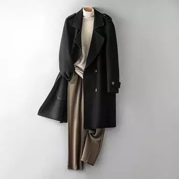 New 100% Wool Coat Men s Long Handmade Cashmere-free Coat Double-sided High-end Woolen Coat M чёрный