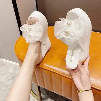 New 10cm Women s Wedge Slides Super High Heels Bow Fashion Fish Mouth Sandals Platform Thick Soled Slippers Vacation Beach Shoes 34 чёрный