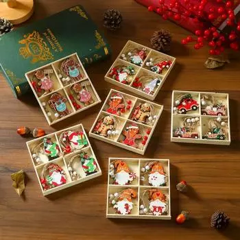 New 12 Piece Christmas Faceless Elderly Wooden Pendant Box Set Small Pendant