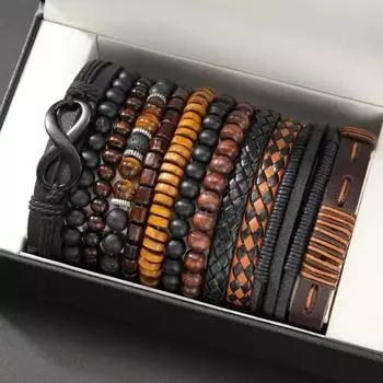 New 12-piece set of coconut shell wood beads beaded elastic line men s bracelet hand (excluding box) разноцветный
