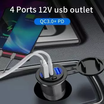 New 12V/24V USB Outlet 96W 4-Ports Dual PD 36W USB C Car Charger Socket and Dual Quick Charge 3.0 USB Charger with Power Switch