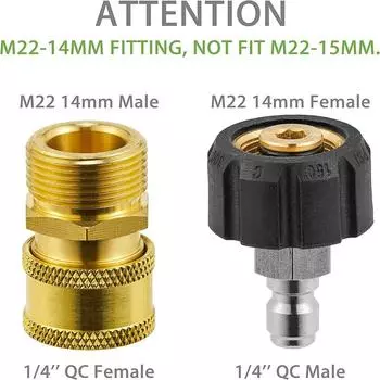 New 1 Pair of M22 14mm Female to 1/4 Male Quick Connect Adapter for Pressure Washer