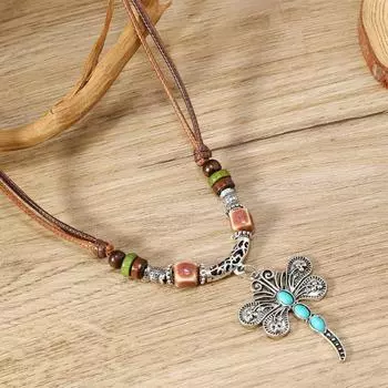 New 1-piece set of personalized fashion wax thread beaded wooden beads dragonfly necklace new G разноцветный