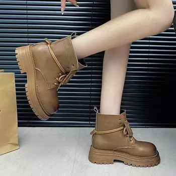 New 2024 Autumn Winter Women Ankle Boots Waterproof Platform Lace Up Thick Heel Short Boots Fashion Punk Leather Motorcycle Boot 35 чёрный