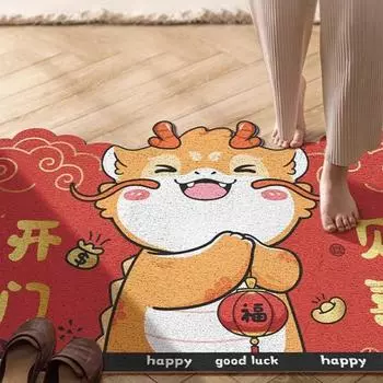 Новинка 2024, новогодний входной коврик, Год дракона, мультфильм, шелковый круг, входной коврик, оптовая продажа, противоскользящий коврик для ног, можно разрезать 40*60cm