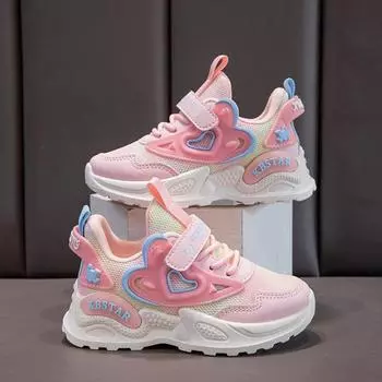 New 2024 Spring and Autumn Comfortable and Breathable Double Mesh Love Hook & Loop Girls Casual Sport Shoes Non-slip Round-toe 26 розовый