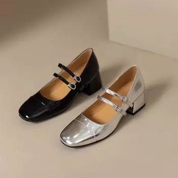 New 2024 Spring Women Double Buckle Mary Janes Shoes Patent Leather Dress Square Head Thick Heel Solid Color Pumps Women Shoes 35 чёрный