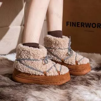 New 2024 Winter Women Snow Boots Fashion Fur Padded Boots Ladies Fashion Lacing Platform Flat Heel Warm Plush Cotton Shoes 40-41 малиновый