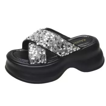 New 2024 Women s Chunky Platform Sandals 7CM Wedge Bling Slippers for Women Summer Square High Heels Thick Sole Beach Flip Flops 35 серебряный