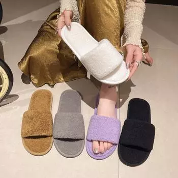 New 2024 Women s Fur Slippers Open Toe Flip-flops Thickened Warm Plush Family Shoes Couple Indoor Slippers Bedroom Slide 36 белый