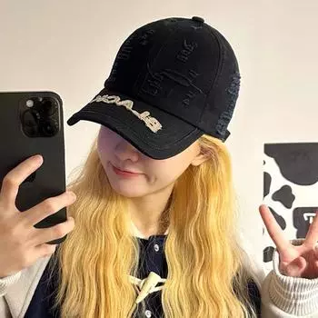 New 2024BLACK baseball cap old embroidery letter ripped cap street personality soft top hat M56-58cm