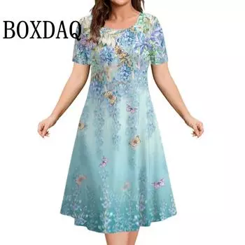 New 2025 Dresses Women 3D Flowers Printing Short-Sleeve Sundress Summer Casual Pullover Fashion Loose Ladies Dresses S