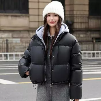 New 2025 fake two-piece hooded spliced down cotton jacket women s winter short small bread jacket M