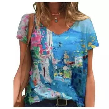 New 2025 Summer 3D Printed Temperament Short Sleeve V-neck Loose Women s T-shirt S