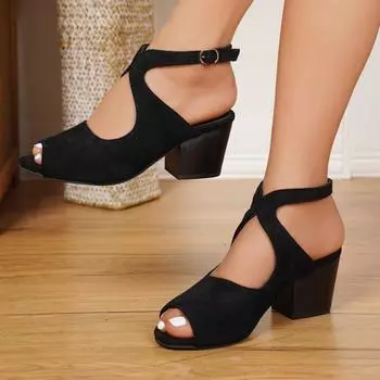 New 2025 summer new European and American one-word buckle suede beaded fish mouth thick heel sandals Roman high heels 36 чёрный
