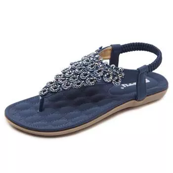 New 2025 summer sandals lace rhinestone bohemian plus size rubber band flats 35 синий