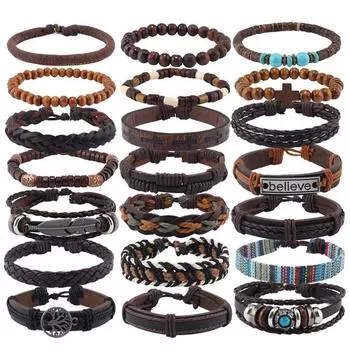 New 21-piece fabric turquoise wood bead alloy wax thread leather bracelet leather jewelry коричневый