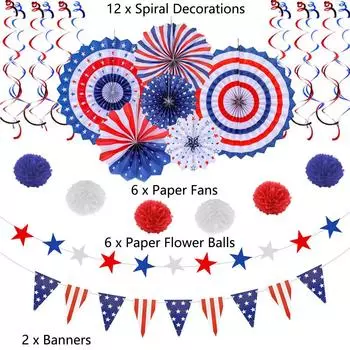 New 26PCS 4th of July American Flag Independence Day Party Supplies Paper Fans Set